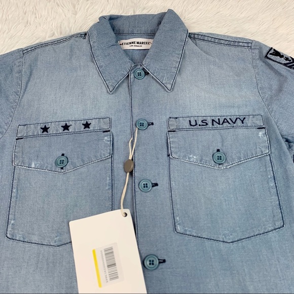 Etienne Marcel New Short Sleeve chambray Button-Up Top Embroidered US Navy blue - Picture 3 of 10